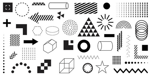 Poster - Black geometric shapes set. Graphic element vector. Pop-art texture. Space poster set. Abstract retro vector texture. Stock image. EPS 10.
