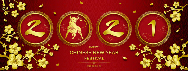 Wall Mural - 2021 year of the ox with happy chinese new year text on red chinese style banner background