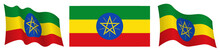 Flag Of Ethiopia In Static Position And In Motion, Fluttering In Wind In Exact Colors And Sizes, On White Background