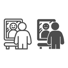 Poster - Smiling man in front of mirror line and solid icon, self confidence concept, happy man sign on white background, joyful reflection in mirror icon in outline style for web design. Vector graphics.