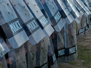 Riot police practice shields and baton
