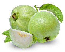 Guava Fruit With Leaves Isolated On The White Background, Guava Fruit Isolated On The White With Clipping Path.
