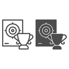 Poster - Cup and target line and solid icon, self defense concept, shooting range and goblet sign on white background, winner in shooting range icon in outline style for mobile concept. Vector graphics.