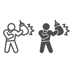 Poster - Boxer with small teardrop Punching Bag line and solid icon, self defense concept, sportsman sign on white background, man is training blow icon in outline style for web design. Vector graphics.