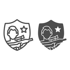 Poster - Man with rifle and star emblem line and solid icon, self defense concept, soldier with weapon sign on white background, sniper with gun icon in outline style for mobile concept. Vector graphics.