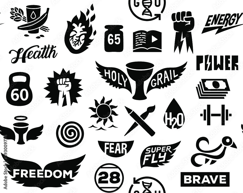 Basic Emblems Simple vital emblems badges set icons seamless pattern, isolated vector ...