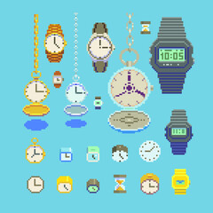 Various type of watches, clocks, pocket watch and hourglass pixel art style icons set, colorful vector graphic illustration isolated on blue background.