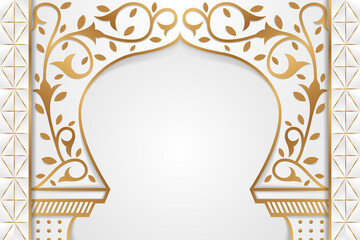 Poster - modern background template use white and gold gradient colors. symmetric design with mosque building, plant, leaf and triangle as element. blank space for the text place.