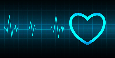 Poster - Blue Heart pulse monitor with signal. Heart beat. ekg icon wave