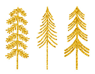 Wall Mural - Set Christmas trees gold silhouettes glitter vector illustration