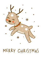 Wall Mural - Cute little deer jumping isolated on white background - cartoon character for funny Christmas and New Year winter greeting card and poster design