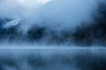 Wall Mural - a foggy morning landscape in north cascades national park in washington state.