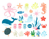 Fototapeta Pokój dzieciecy - Cartoon sea life. Marine and oceanic fauna. Nvector