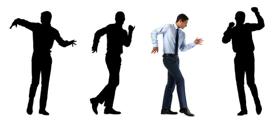 Poster - African-American teenager and his silhouettes dancing against white background