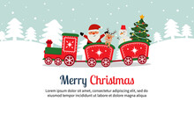 Cute Christmas Santa Claus Train With Reindeer And Snowman. Christmas Lanscape. Flat Vector Cartoon Style