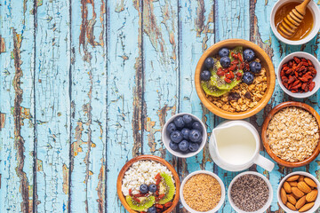 Wall Mural - Healthy breakfast ingredients, top view.