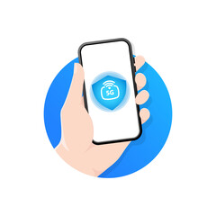 Poster - 5G technology. Hand holding 5g sign on cell phone screen. A person uses a smartphone with 5g high-speed Internet. Modern communication technologies.The next generation Internet.