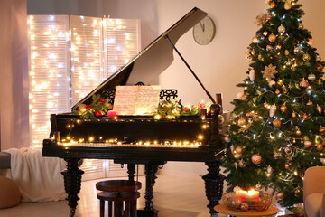 Poster - Interior of room with grand piano decorated for Christmas