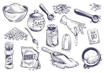 Hand drawn salt. Salting crystal, glass bottle with powder, spoon with spice, saltshaker collection, himalayan or sea salt in engraved style set, cooking ingredient vector illustration