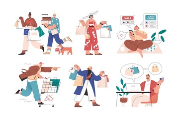 Poster - Online and offline shopping by male and female buyers. Set of people with bags, carts, smartphone and laptop during big sale or black friday. Flat vector illustration isolated on white background