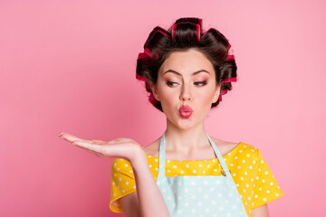 Sticker - Close-up portrait of her she attractive girlish housewife holding on palm copy space pout lips advert isolated over pink pastel color background