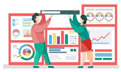 Fototapete - Business data analysis, planning company strategy, Digital marketing, businesspeople communication flat vector concept. Businesswoman and businessman near posters with charts and graphs illustration