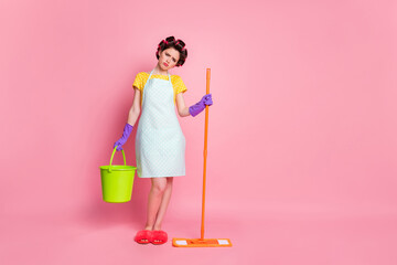 Sticker - Full size photo of housewife hold bucket mop wear yellow skirt latex violet gloves isolated over pastel color background