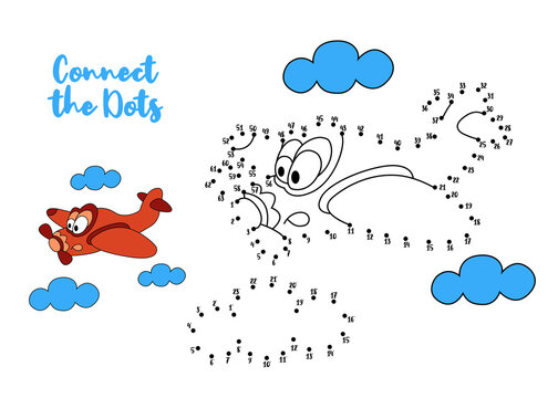 Wall Mural - Connect the dots - Children drawing game. Draw aircraft, plane, airplane and cloud for numbers. Vector illustration