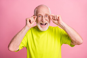 Photo of impressed aged person hands touch glasses open mouth wear lime isolated on pink color background