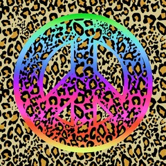 Sand color seamless fashionable leopard wallpaper with colorful hippie peace symbol for wrapping paper, t shirt and bag design, textile print