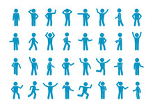 Movement Stick Man Set. Symbol Reflection And Joyful Blue Greeting Simple Poses And Active Actions Abstract People Running And Slow Walking Pose Of Amazement Despair With Hands. Vector Expression.