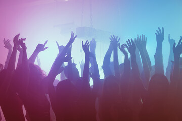 Sticker - Photo of meeting crazy dance carefree party enjoy raise hands wear trendy outfit modern club indoors