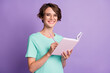 © deagreez - Photo of nice smart short brown hairdo girl writing copybook wear spectacles blue t-shirt isolated on violet color background
