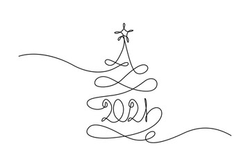 Wall Mural - 2021 New Year design in continuous line art drawing style. Christmas tree with 2021 year lettering. Minimalist black linear sketch isolated on white background. Vector illustration