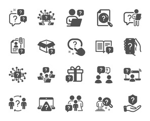 Poster - questions icons. artificial intelligence computer, phone with question mark, problem solve. quiz, fa