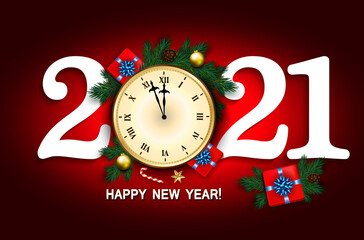 Wall Mural - 2021 New Year card with clock, gift box, candy cane, pine branches decorated, gold stars and bubbles 