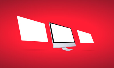 Aufkleber - Realistic computer monitor in side view. Metal desktop mockup with white screen. Template of computer in silver color. Vector on isolated white background. EPS 10