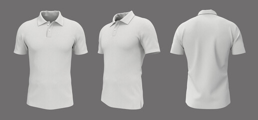 blank collared shirt mockup, front, side and back views, tee design presentation for print, 3d rende