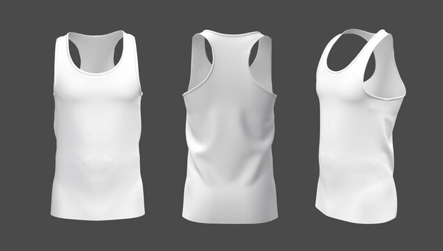 Blank  sleeveless t-shirt mockup in front, side and back views, design presentation for print, 3d illustration, 3d rendering