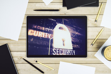 Poster - Creative idea concept with lock symbol and microcircuit illustration on modern digital tablet screen. Protection and firewall concept. Top view. 3D Rendering