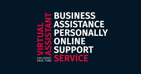 Wall Mural - Virtual Assistant. Save money, save time. Animated word cloud text. Kinetic typography Animation.