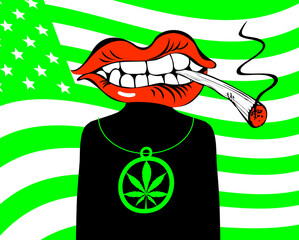 Wall Mural - Banner with a character in the form of a man with a mouth with a joint of marijuana in his teeth instead of his head. Vector illustration on the theme of cannabis on background of green american flag