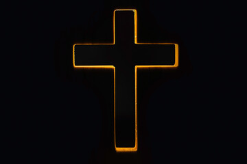 Wall Mural - Silhouette of christian cross, lights, bokeh on black background. Copy space. Faith symbol. Church worship, salvation concept. Faith symbol in Jesus Christ. Holy cross for Easter day. Christianity