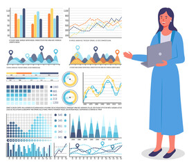 Poster - business woman in blue dress with laptop stands near large set of colorful graphs. bar, chart area, 