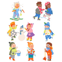 Excited Children Ski Running, Building Snowman And Playing Snowballs Vector Set