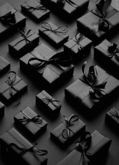 Elegant black Christmas theme. Wrapped gifts in black matte paper with ribbon