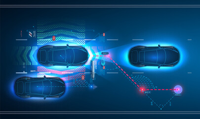 Leinwandbilder - Car interface in HUD, GUI, UI style. Automotive sensing system concept. Autonomous car. Driver assistant system. Car top view with electronic digital interface, parameters and options, scans the road