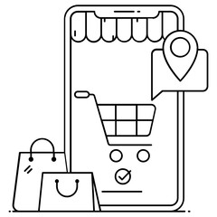 Poster - 
Mobile shopping app icon, wheelbarrow inside smartphone 
