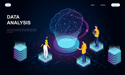 Poster - data analysis concept. people in team analyzing mind networking. data visualization concept. cartoon