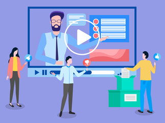 Poster - Video conference or interview, people communicating with man on screen, discuss and vote for and against. Online education, training or e-learning concept. Website for tutorials and business courses